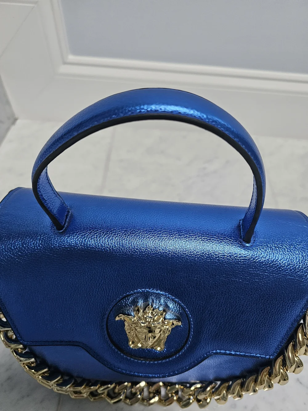 Metallic Blue Top-Handle Satchel with Gold Chain Accent - Picture 2 of 13